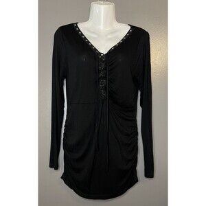 Love NY LA Top Womens Large Black Long Sleeve V Neck Lace Up Eyelet Ruched Shirt